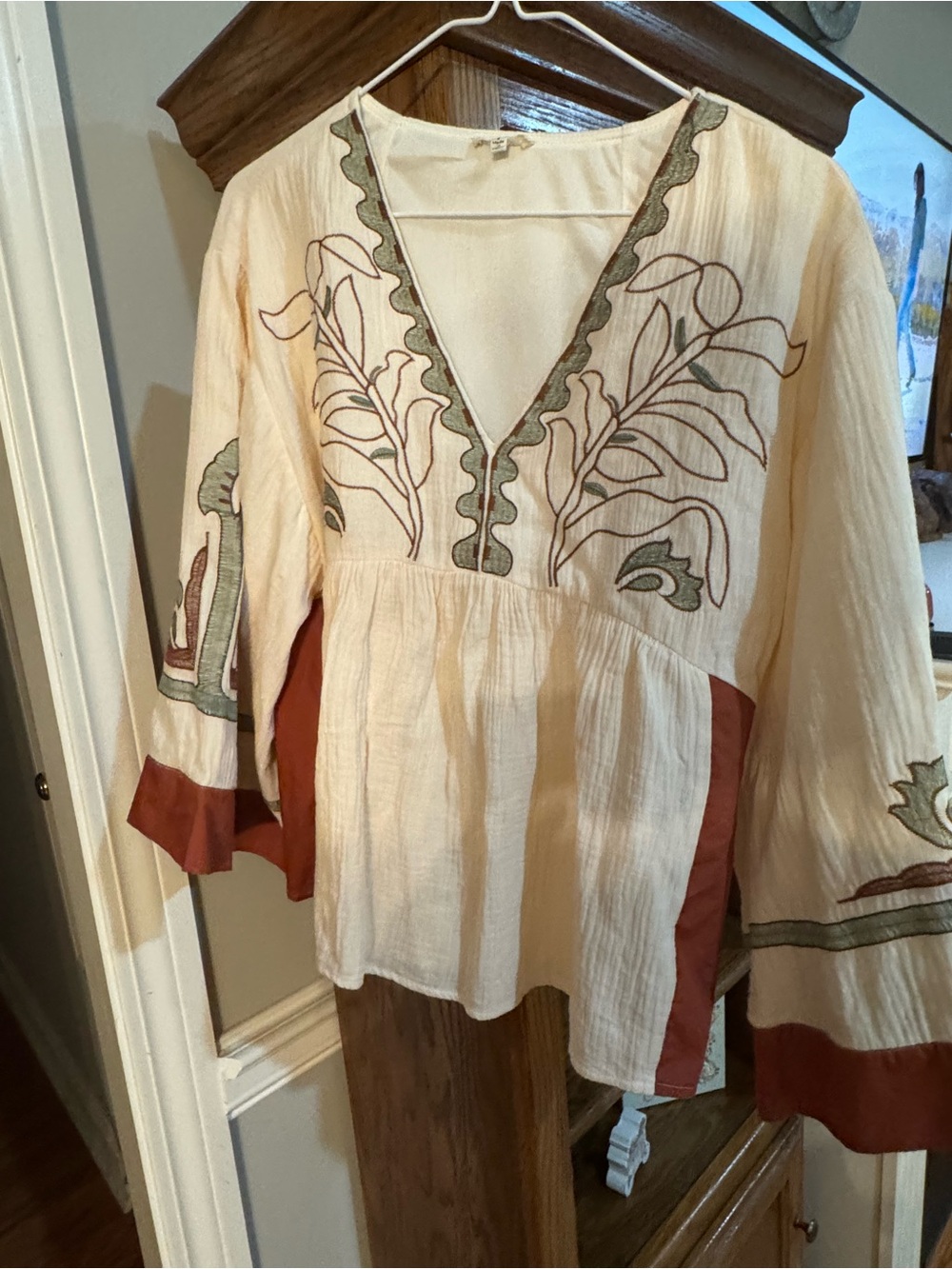 JODIFL Cream Tunic with Sage Embroidery and Rust Accents